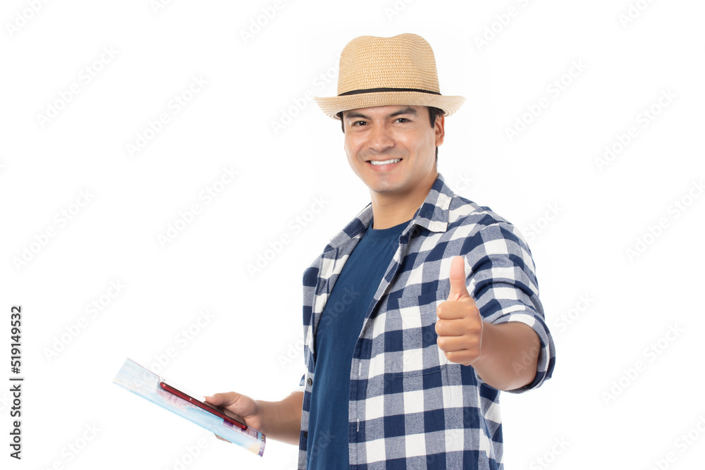 Portrait of cheerful young traveler man with backpack isolated on white background. Tourist man looking happy holding mobile phone and map. Portrait of cheerful young traveler man with backpack isolated on white background. Tourist man looking happy holding mobile phone and map.