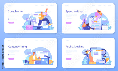 Speechwriter web banner or landing page set. Professional speaker or journalist