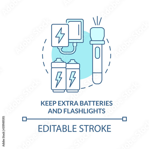 Keep extra batteries and flashlights turquoise concept icon. Flood safety measure abstract idea thin line illustration. Isolated outline drawing. Editable stroke. Arial, Myriad Pro-Bold fonts used