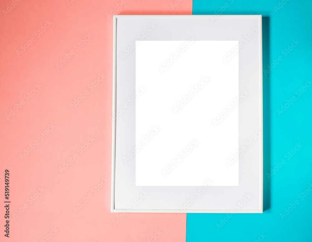 Mock up poster. Minimal template with empty picture frame mock up. Pink and blue background Mock up poster. Minimal template with empty picture frame mock up. Pink and blue background