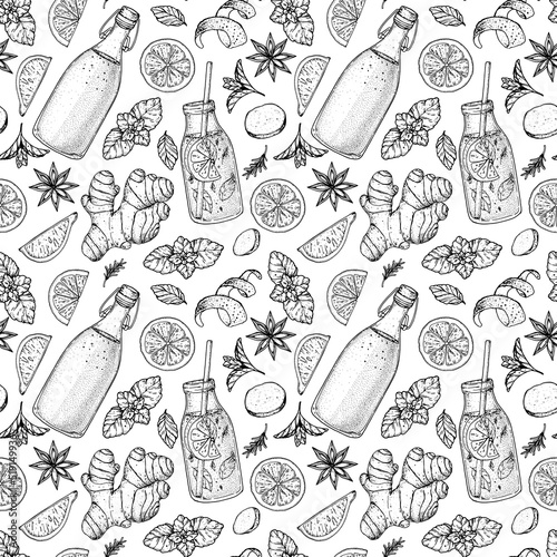 Kombucha tea and ingredients for kombucha seamless pattern. Lemonade background design. Hand drawn vector illustration. Kombucha or cold lemonade package design template.