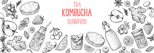 Kombucha tea and ingredients for kombucha sketch. Hand drawn vector illustration. Kombucha drink. Tea mushroom, tea fungus, or Manchurian mushroom.