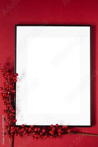 Mock up poster. Minimal template with empty picture frame mock up. Red background