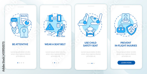 Airplane passenger safety blue onboarding mobile app screen. Walkthrough 4 steps editable graphic instructions with linear concepts. UI, UX, GUI template. Myriad Pro-Bold, Regular fonts used