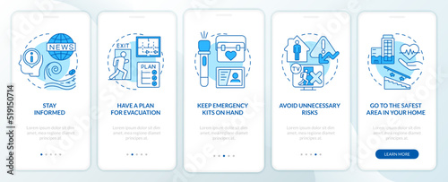 Disaster preparedness blue onboarding mobile app screen. Walkthrough 5 steps editable graphic instructions with linear concepts. UI, UX, GUI template. Myriad Pro-Bold, Regular fonts used