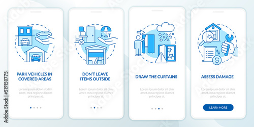 Prepare for hail storm blue onboarding mobile app screen. Walkthrough 4 steps editable graphic instructions with linear concepts. UI, UX, GUI template. Myriad Pro-Bold, Regular fonts used