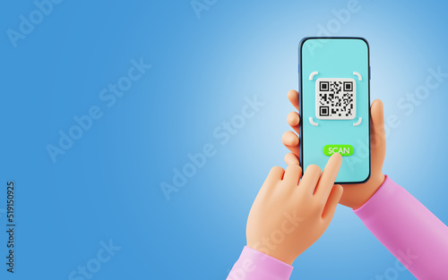 Cartoon holding smartphone for QR code scanning icon in smartphone, QR code for payment or certification validate concept, on pink background, 3D render illustration