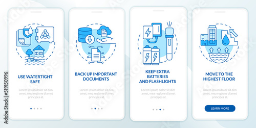 Flood safety measures blue onboarding mobile app screen. Walkthrough 4 steps editable graphic instructions with linear concepts. UI, UX, GUI template. Myriad Pro-Bold, Regular fonts used