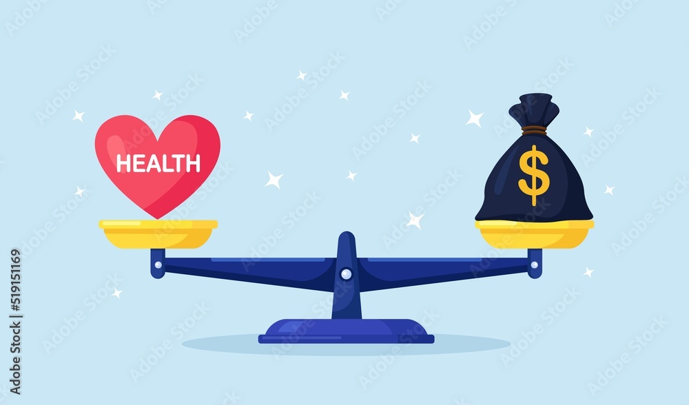 Vecteur Stock Money and health balance. Healthcare, wealth earning on  scales. Money bag versus red heart on scale. Imbalance of lifestyle and  work. Comparison of business stress and healthy life | Adobe