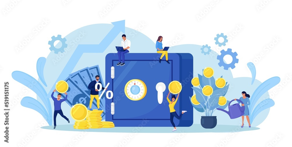 Safe with dollar banknotes, coins in deposit box. Business people investing money on bank account. Cash protection, savings in moneybox. Financial saving insurance concept