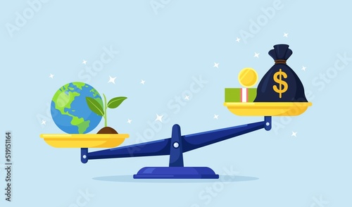 Money and planet earth on bowls of scales. Money bag, stack of currency and globe balance on scales. Save, defense of environment