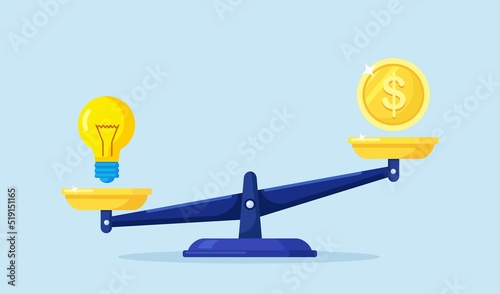 Money and idea balance. Investor compare business ideas and finance on scales. Gold coin and light bulb on scale. Buying creative project or investment in startup