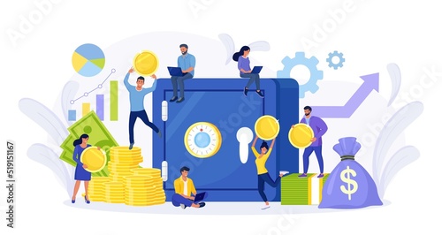 Safe with dollar banknotes, coins in deposit box. Business people investing money on bank account. Cash protection, savings in moneybox. Financial saving insurance concept