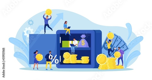 Open safe with dollar banknotes, coins in secure deposit box. Business people investing money on bank account. Cash protection, savings in moneybox. Financial saving insurance concept