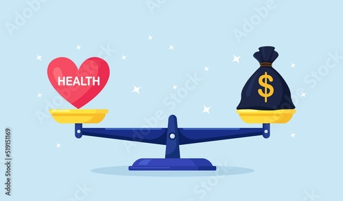 Money and health balance. Healthcare, wealth earning on scales. Money bag versus red heart on scale. Imbalance of lifestyle and work. Comparison of business stress and healthy life