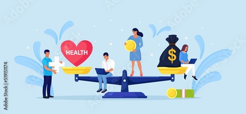 Money and health balance. Healthcare, wealth earning on scales. Stack of cash versus red heart on scale. Imbalance of lifestyle and work. Tiny people compare business stress and healthy life