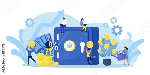 Safe with dollar banknotes  coins in deposit box. Business people investing money on bank account. Cash protection  savings in moneybox. Financial saving insurance concept