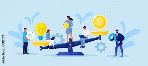 Money and light bulb balance on scales. Investor compare business creative ideas and finance. Tiny people invest money into idea on swing. Income investment earning. Selling patents and investments