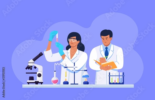 Scientists conducting scientific research, analysis and tests of vaccines. Biochemical science laboratory staff performing various experiments. Developments and discoveries in microbiology, chemistry