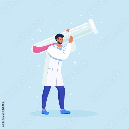 Tiny scientist with huge test tube. Chemical laboratory research. Pharmacist working on antiviral treatment development. Medicine, pharmacy concept