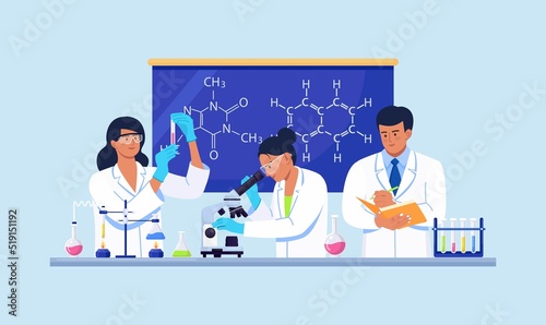 Scientists conducting scientific research, analysis and tests of vaccines. Biochemical science laboratory staff performing various experiments. Developments and discoveries in microbiology, chemistry