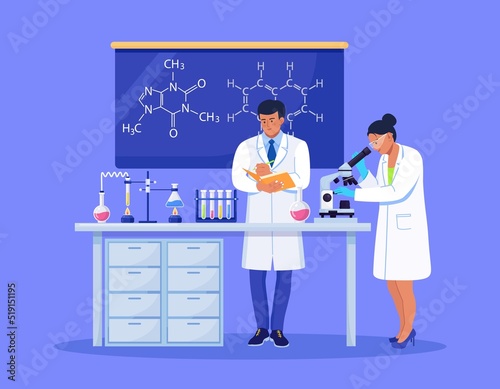 Young woman scientist looking through a microscope in a laboratory doing chemical research, microbiological analysis or medical test. Man with a folder writes down the results