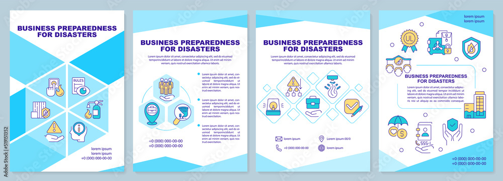 Business preparedness for disaster cyan brochure template. Leaflet design with linear icons. Editable 4 vector layouts for presentation, annual reports. Arial-Black, Myriad Pro-Regular fonts used
