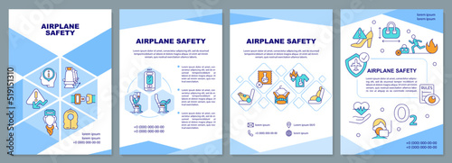Airplane safety blue brochure template. Emergency evacuation. Leaflet design with linear icons. Editable 4 vector layouts for presentation, annual reports. Arial-Black, Myriad Pro-Regular fonts used
