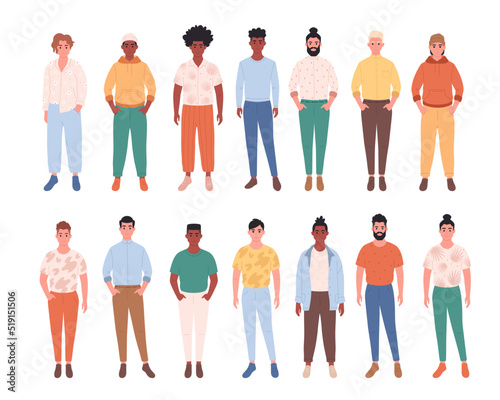 Men of different races, body types, hairstyles. Social diversity of people in modern society. Fashionable casual outfit. Hand drawn vector illustration