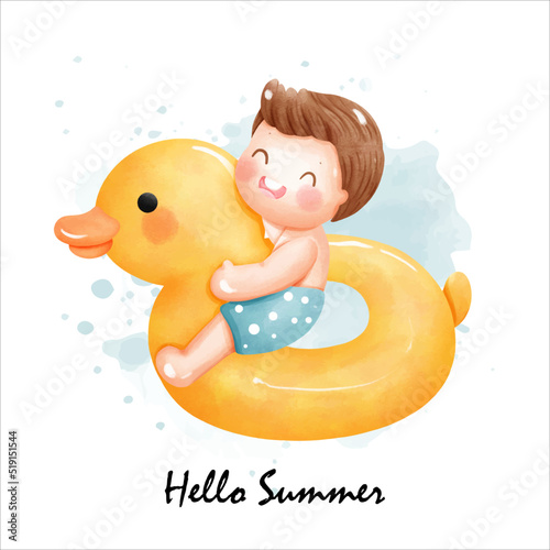 Watercolor pool party with cute children. vector illustration