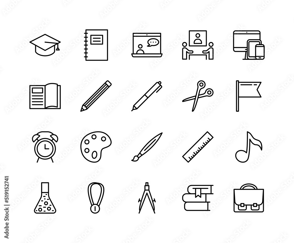 School and education flat line icons set. Book, graduate hat, pen, pencil and other. Simple flat vector illustration for web site or mobile app