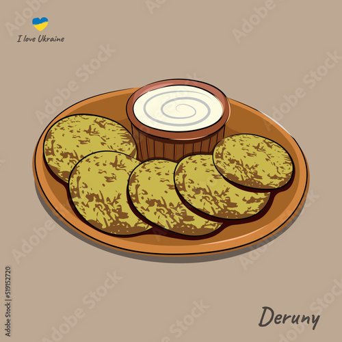 Dish of national Ukrainian cuisine, potato pancakes with sour cream on a clay plate, flat vector on a beige background