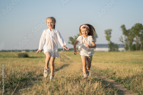 Two beautiful girls happily run into the field among the grass. Childhood in the village with children. Happy kids running into the field
