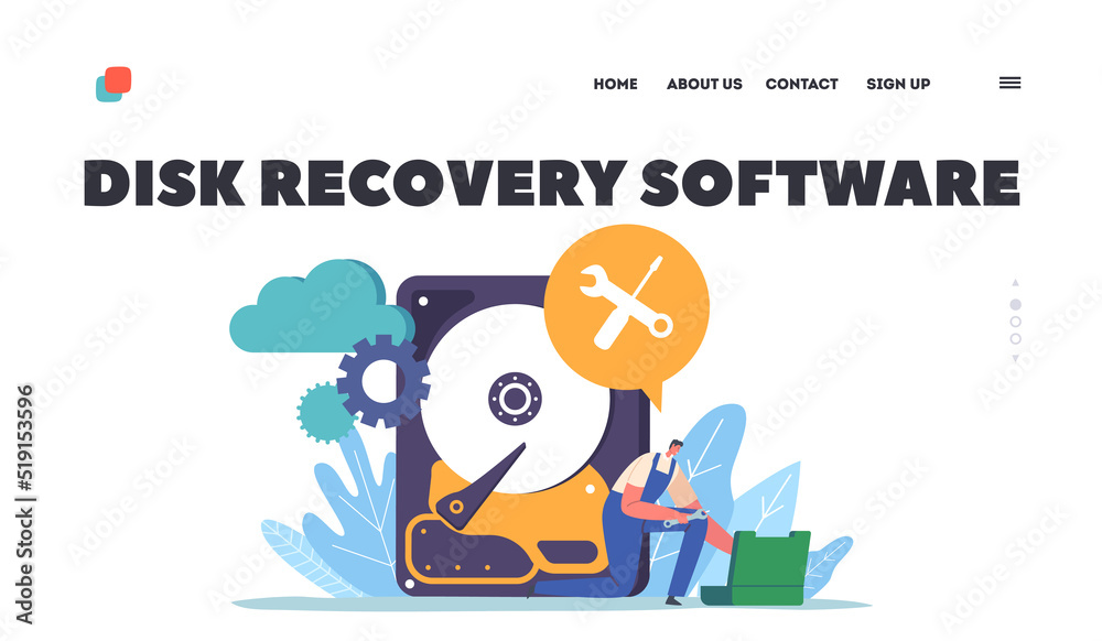 Obraz premium Disk Recovery Software Landing Page Template. Backup, Data Protection, Hardware Repair. Tiny Worker Fixing Broken Hd