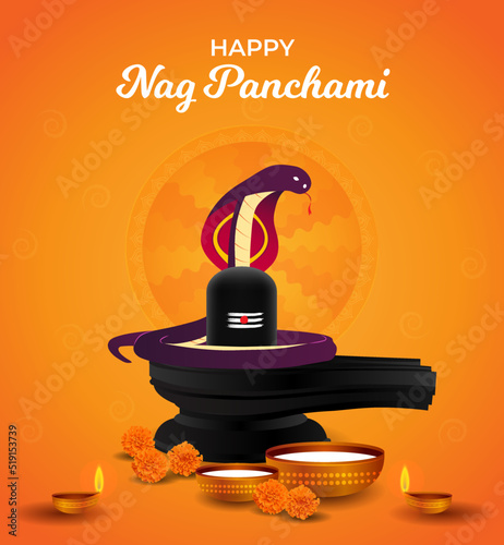 Happy Nag Panchami greeting card with king cobra Snake, milk, shivling. Hindu Worship Festival India. Realistic design Poster Vector illustration. Social media post, website, banner, invite, promotion photo