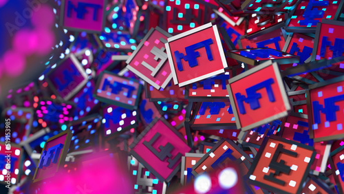 close up vief of abstract NFT tokens made as low-poly charms photo