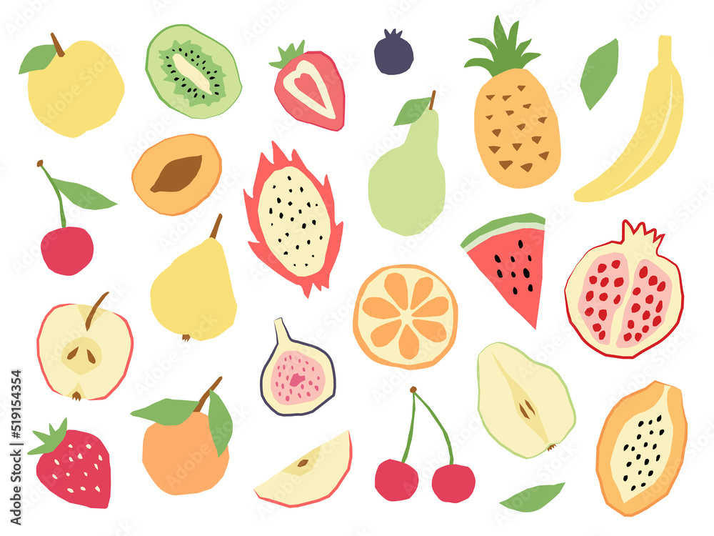 Bright juicy abstract fruit set in a flat hand drawn style. Vector illustration with modern different fruits and berries
