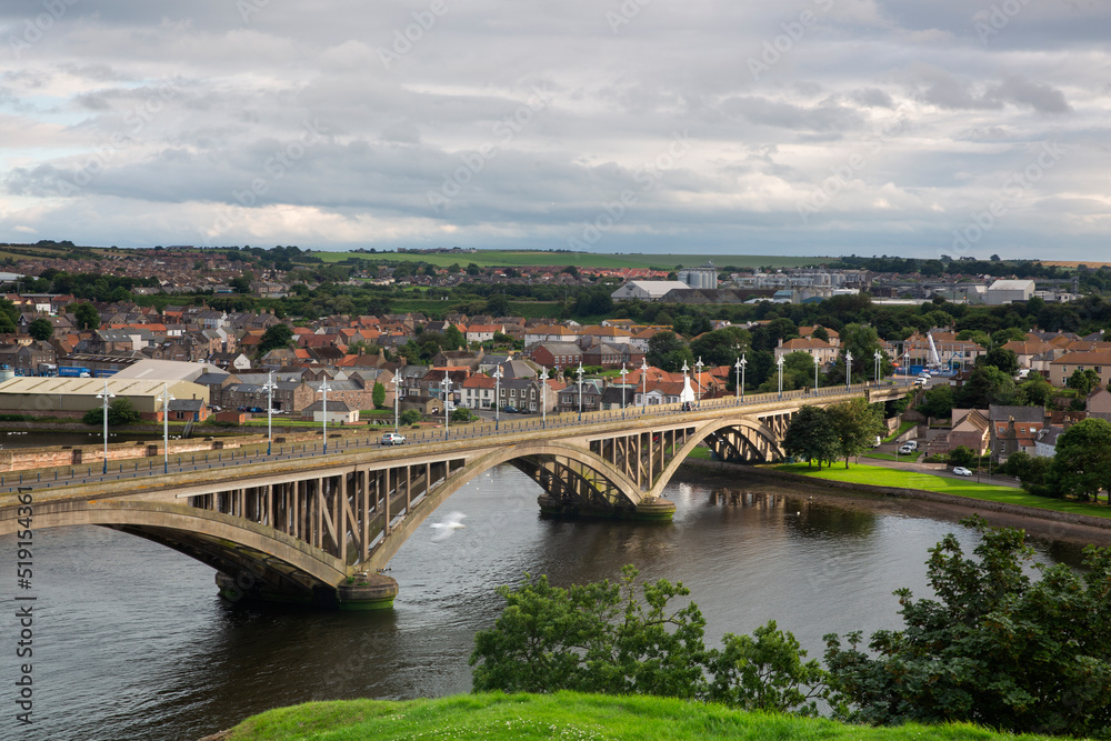 Aerial view of the Bridge running through the border town of Berwick Upon Tweed with the A1167 road