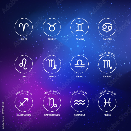 Zodiac symbols. Set of white zodiac icons in a round shape isolated on a space background