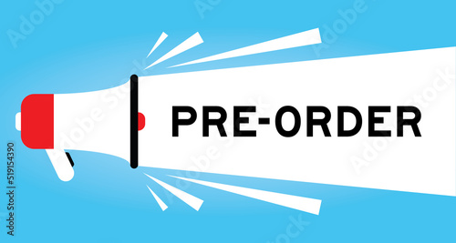 Color megaphone icon with word pre-order in white banner on blue background