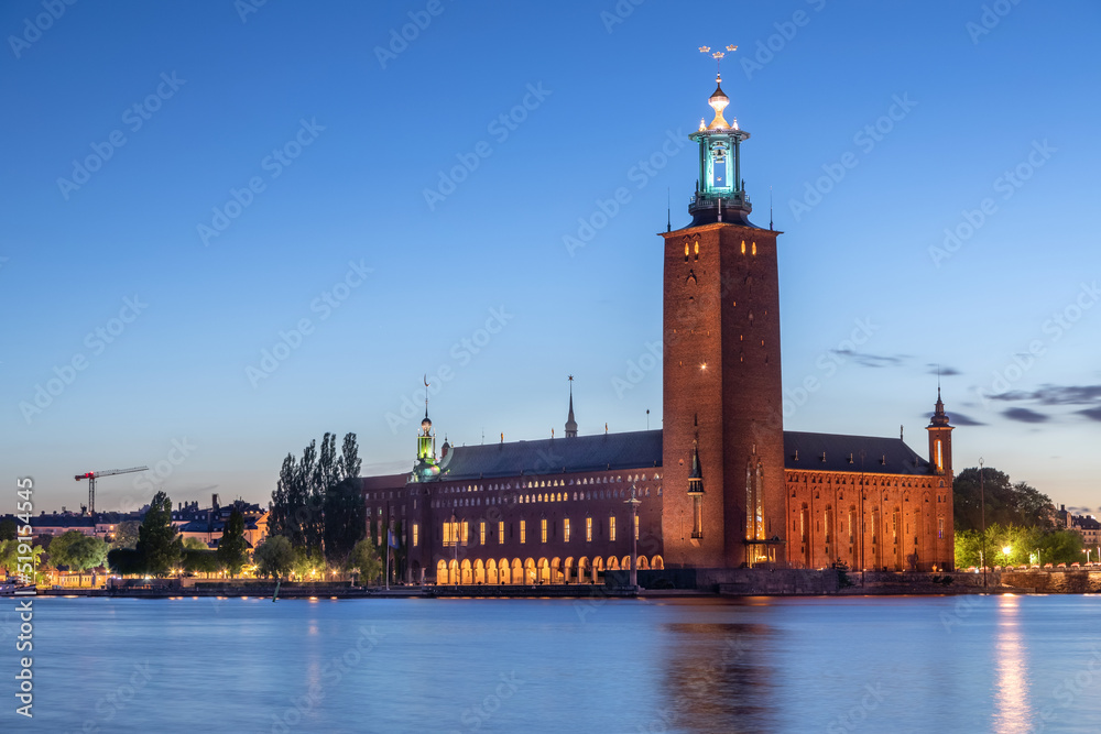 Stockholm, Sweden. Illuminated building City Hall at dusk