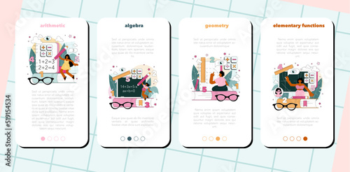 Math school subject mobile application banner set. Students studying