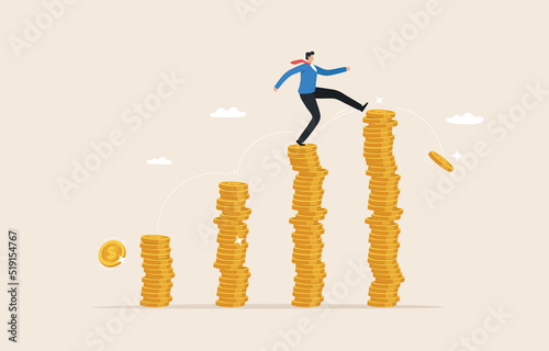 Increase in income or profit. An increase in wages or salaries. increase in interest. .Company growth from doing business. Businessman jumping on pile of silver coins above.