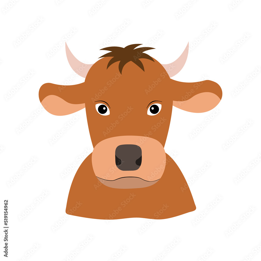 Fototapeta premium Cute brown bull head in a flat style. Simple illustration isolated on a white background