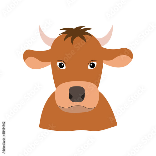 Cute brown bull head in a flat style. Simple illustration isolated on a white background