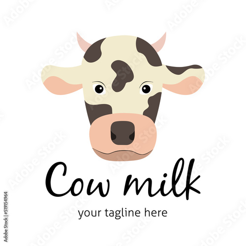 Cute spotted cow head in a flat style. Simple illustration isolated on a white background. Logo template
