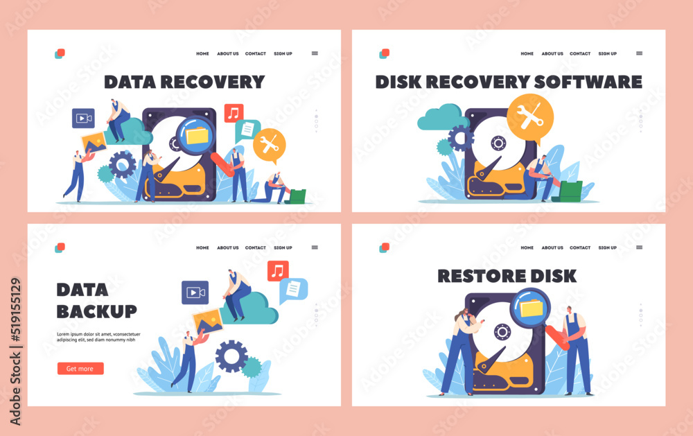 Data Recovery Landing Page Template Set. Tiny Workers Characters with Tools around of Huge Hard Disk. Information Backup