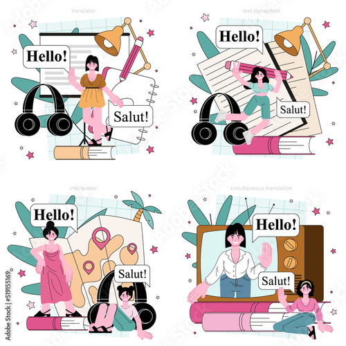 Translator concept set. Linguist translating document, books