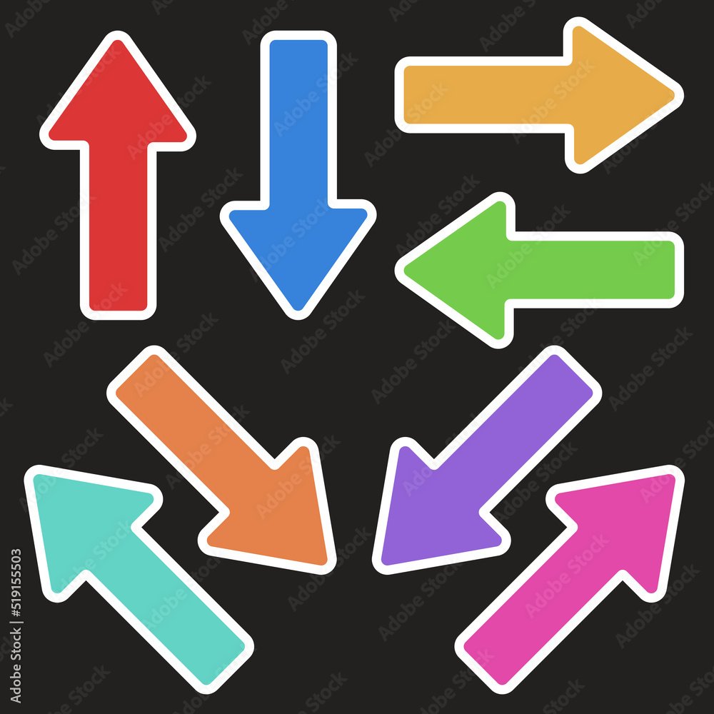 Set of multi-colored arrows, with a white outline. Like stickers. Vector graphic. Set of multi-colored arrows, with a white outline. Like stickers. Vector graphic.
