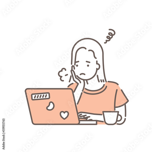 ノートパソコンを操作している女性のイラスト 悩みや不安